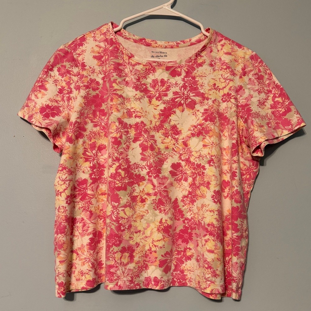 Studio Works The Studio Women's 1X Pink Floral Print 100% Cotton T-Shirt 2024